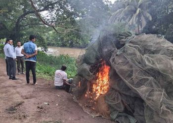 বাউফলে নিষিদ্ধ চায়না দুয়ারি জাল জব্দ, পুড়িয়ে ধ্বংস